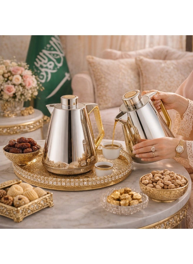 لوفر ✨ طقم ترامس لوفر 2 قطعة للشاي والقهوة – نيكل بلمسة ذهبية | سعة 1 لتر لكل ترمس ✨ - Image 1